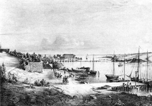 (Foto). »Udsigt over Als-Sund fra Oliemøllen ved Sønderborg«. Efter litografi fra 1848.