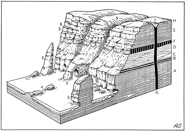 (). Fig. 1. Færø-oceankyst, skematisk idealkombination af former. (1) Brændingshule. (2) Brændingsport. (3) Strandpille. (4) Skær. (5) Hamre, stejlvægge betinget af modstandsdygtige lavabænke. (6) Hylder, skråflader betinget af let smuldrende tuflag. (7) Kløft, fremkommet ved smuldring af eruptivgang. (8) Kløft, betinget af sprækkezone. (9) Iseroderet overflade, stedvis m. tyndt morænedække. A. Nederste basaltserie m. vekslen af basaltbænke og tuflag. B. Kullag ml. lerskifre. C. Tuf-agglomeratzone. D. Mellemste basaltserie. E. Øverste basaltserie. F. Sill, dvs. basaltisk laggang indtrængt ml. basaltserierne. G. Basaltgang, dvs. udfyldning af sprække. H. Moræne. Axel Schou del.