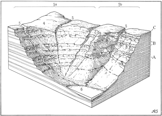 (). Fig. 2. Færø fjordkyst og botn, cirkusdal. Blokkanter: 600 × 350 m. (1a) Botn dannet ved erosion under snebræen (firnen) i istidens slutfase. (1b) Fjeldside langs fjordkyst beskyttet mod brændingsangreb. (2) Lier, skråflader betinget af smuldrende tuflag. (3) Hamre, stejlvægge betinget af modstandsdygtige basaltlag og porezoner. (4) Basaltplateau, iseroderet, stedvis m. tyndt morænedække. (5) Kløfter dannet ved vandløbserosion, ofte lokaliseret til sprækkezoner. (6) Fjord m. landingsmuligheder. (7) Moræne- og urdækket dalbund m. landbrugsmuligheder. A. Basaltbænk. B. Tuflag, hærdnet og hårdtbrændt askelag. C. Moræne. Efter Atlas o. Danmark bd. I. Axel Schou, del.