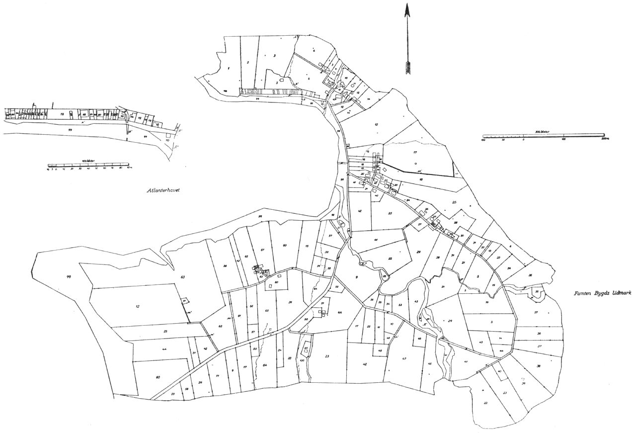 (Kort). Bygden Fámjins bø efter udskiftning. 1932. Bygden består af flere bylinger, beliggende i bøen omkring en vig af Atlanterhavet t.v. på kortet. Efter udskiftningen opgår antallet af lodder i bøen kun til godt 100. De tætliggende grupper af smålodder, der stadig ses på kortet, er grundene ved gårde og huse i bylingerne. Skråt ned mod venstre ses den nye vej til Tvøroyri.