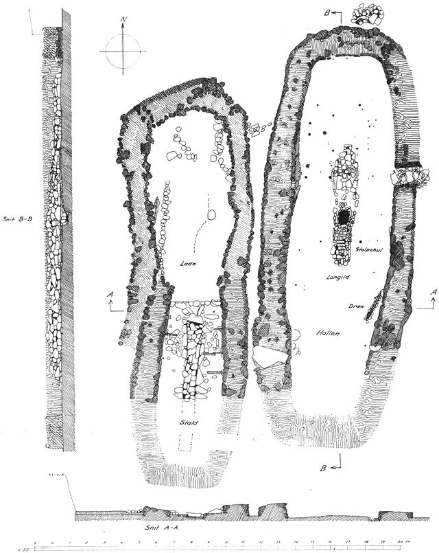 (tegning). Plan af de to fra 1942 udgravede vikingetidshuse i Kvívík.