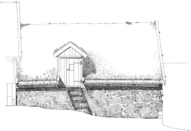 (tegning). Munkastovan på Tinganes, Tórshavn. Façade mod nord (efter opmåling 1961 af Elga Andersen og Gregers Algreen-Ussing).