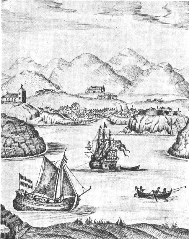 (tegning). Tórshavn 1675. Tegning i ostindiefareren J. P. Cortemündes dagbog i Det kgl. Bibliotek. Man ser ind i bunden af Eystara Vág, til højre skansen på sydøstpynten, til venstre Tinganes med kirken.