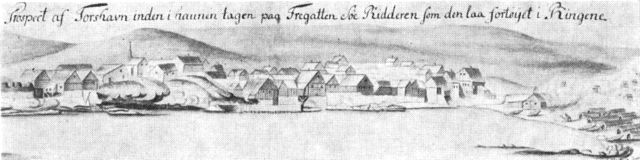 (tegning). Tórshavn 1720. Tegning af K. Benstrup i Det kgl. Bibliotek (Kortsaml. 69 fol.).