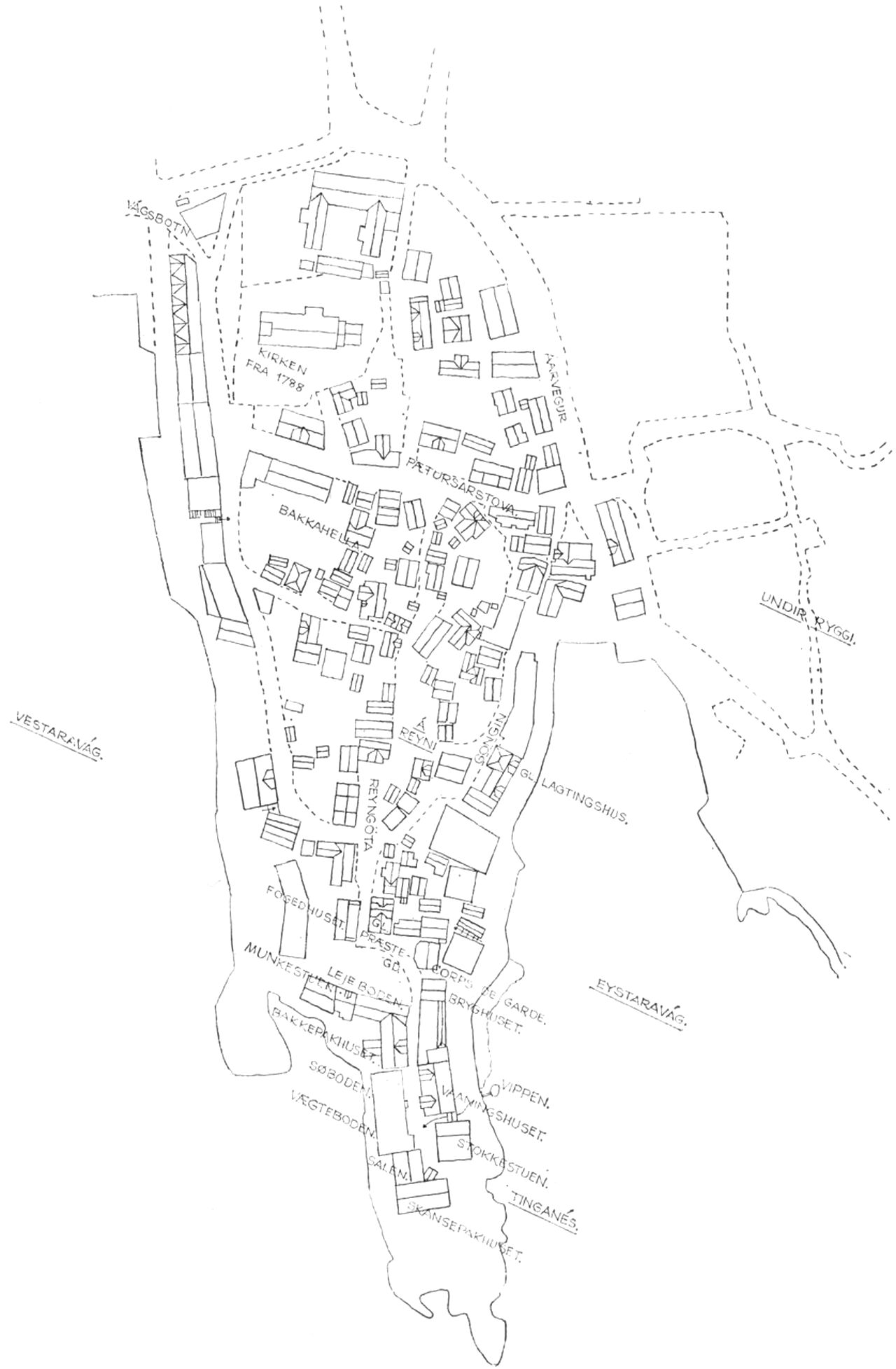 (Kort). Kort over gl. huse i Tórshavn.