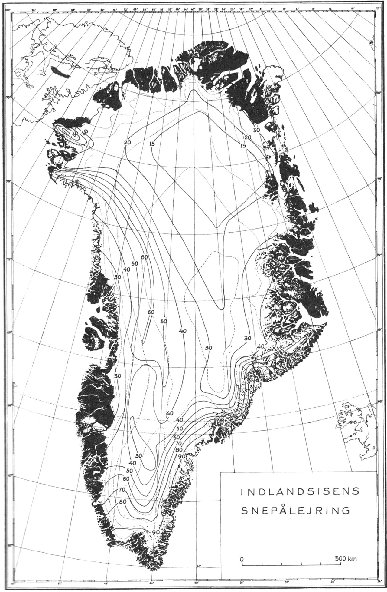 (Kort). Indlandsisens udbredelse og den geografisk varierende snepålejring i cm vand ækvivalent med den aflejrede sne, udarbejdet på grundlag af observationer gennem en årrække.