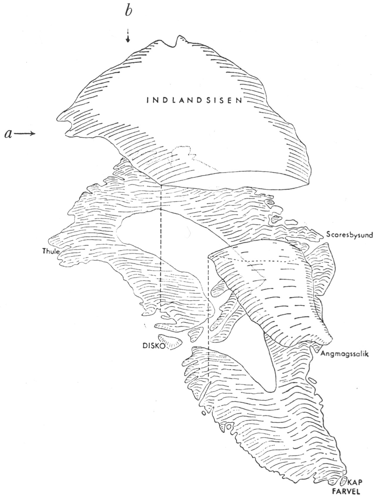 (Kort). Skitse af Grønland med Indlandsisen hævet op fra det underliggende landskab. Skæring af a og b angiver Camp Century’s omtrentlige position på Indlandsisen (Tegn. efter »Varv«, 1964).