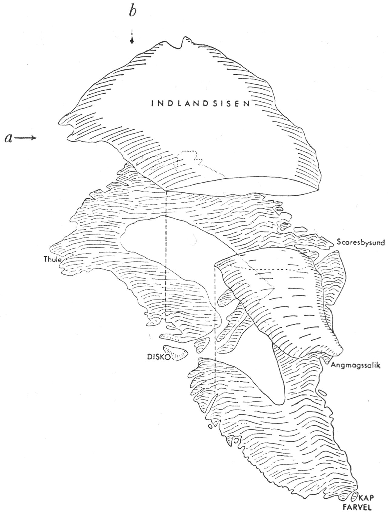 (Kort). Skitse af Grønland med Indlandsisen hævet op fra det underliggende landskab. Skæring af a og b angiver Camp Century’s omtrentlige position på Indlandsisen (Tegn. efter »Varv«, 1964).