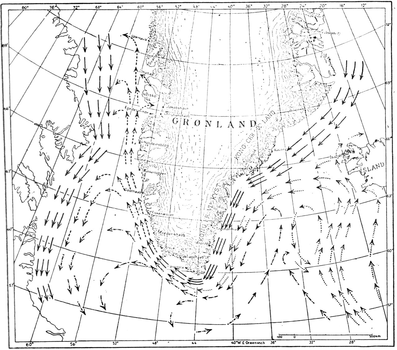 (Kort). ←	Polarstrøm	←	Subarktisk blandingsvand←	Irmingerstrøm	←	Vestgrønlandske strømHavstrømmene omkring det sydlige Grønland (forenklet efter Kiilerich, Hermann og Thomsen).