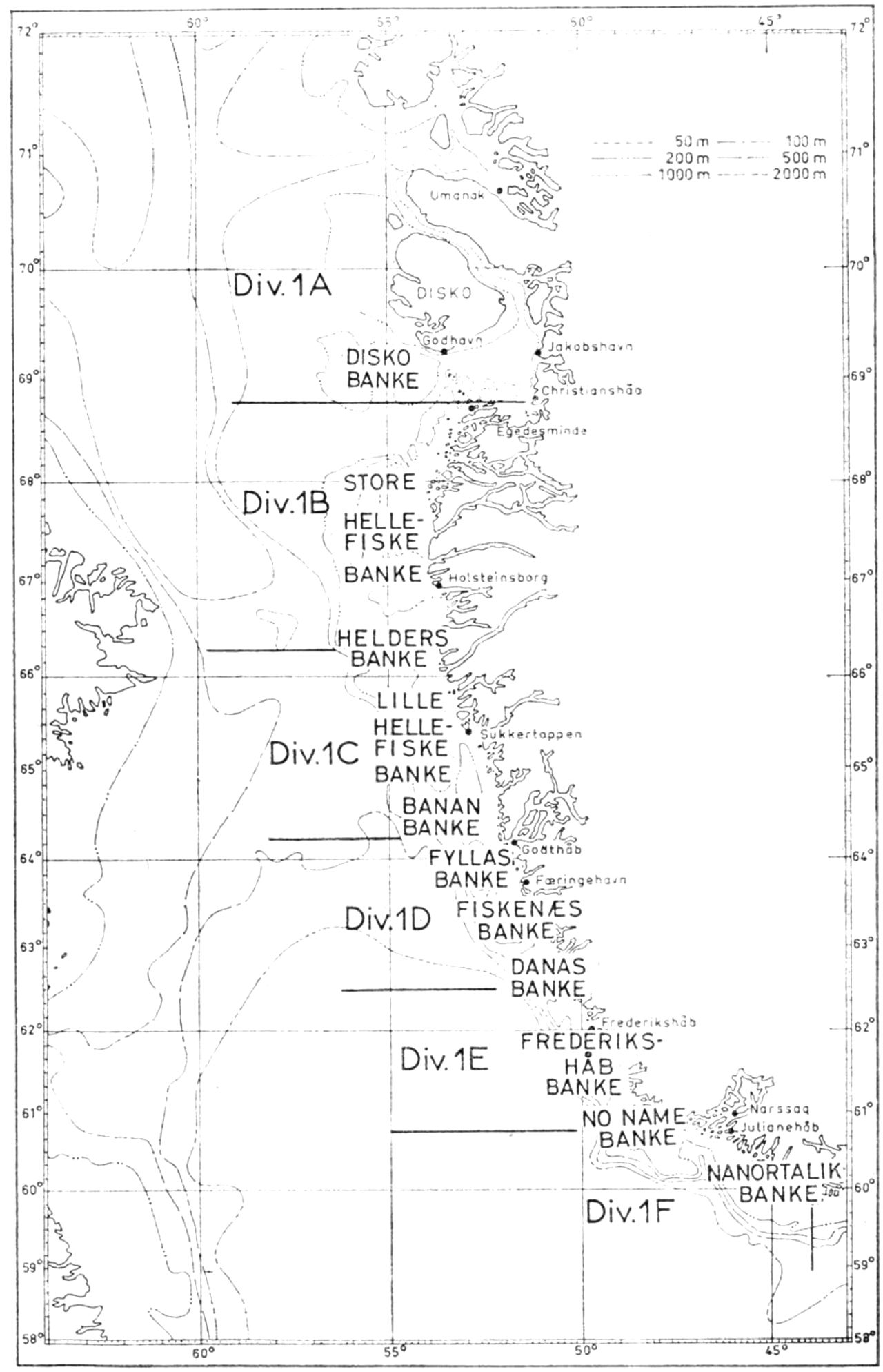 (Kort). De vestgrønlandske fiskebanker samt de områder (divisions), der benyttes i den internationale fiskeristatistik. (Efter P. M. Hansen 1967).
