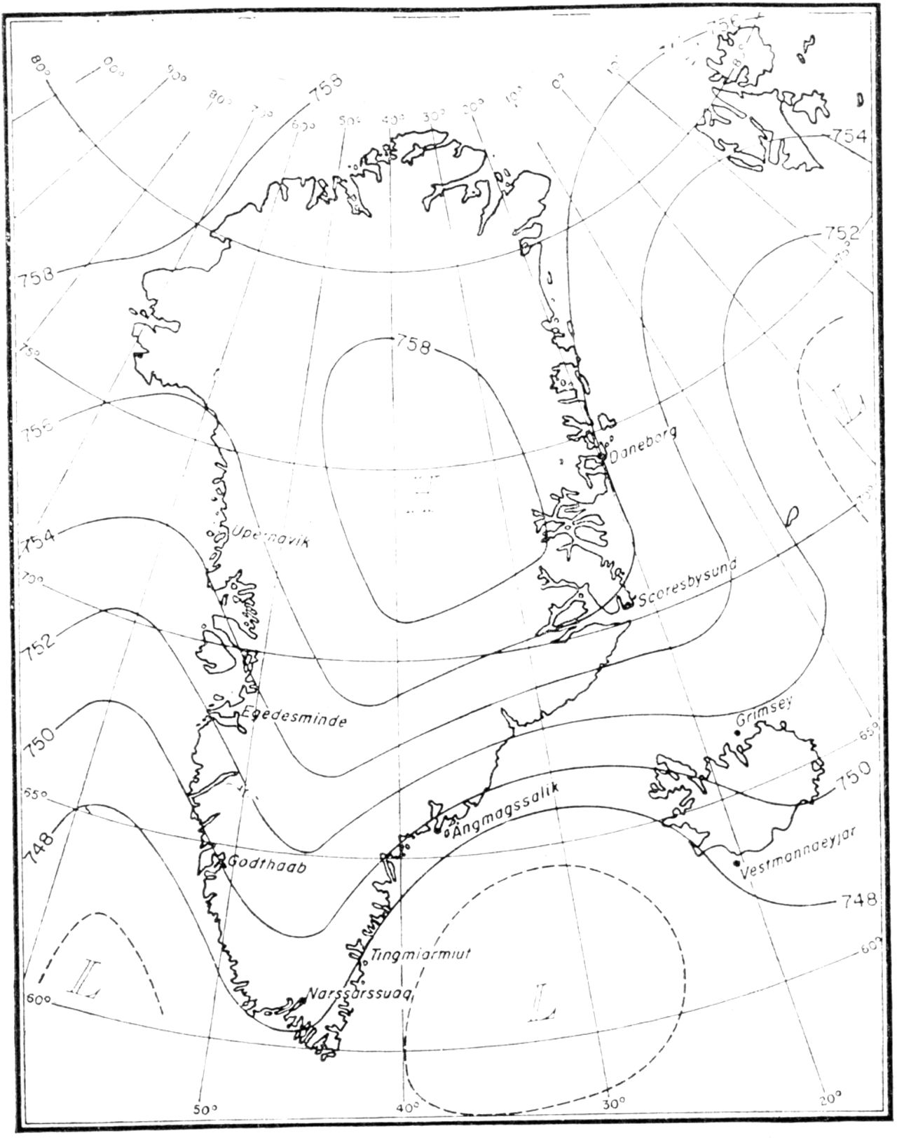 (Kort). Isobarkort over Grønland for januar på basis af senest tilgængelige observationer. (Ingolf Sestoft).