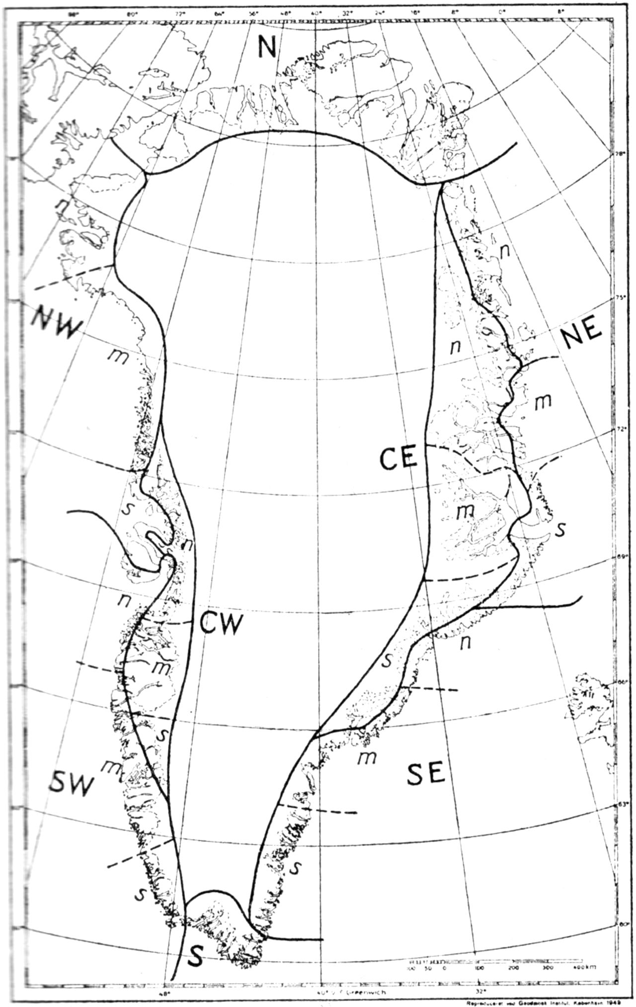 (Kort). Inddeling af Grønland i floraprovinser (fuldt optrukne grænser) og floristiske distrikter (stiplede grænser). CW kontinentale Vestgrønland, CE kontinentale Østgrønland. Små bogstaver n, m, s kendetegner henholdsvis nordl., mellemste og sydl. del af de forskellige floraprovinser.