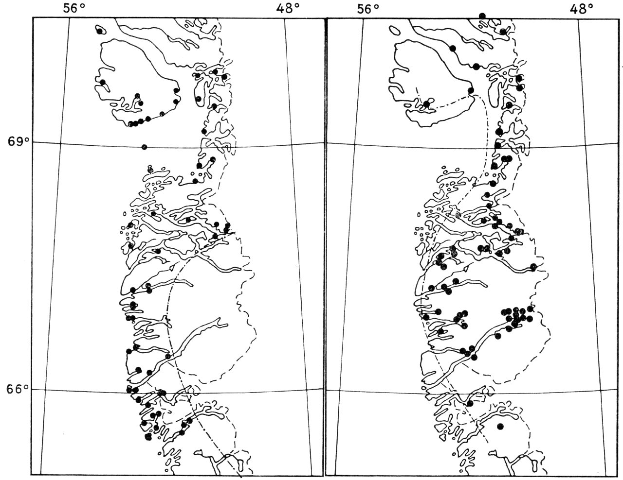 (Kort). Midt-Vestgrønland. T.v. udbredelsen af grå kattefod, der undgår de kontinentaleste områder. T.h. steppe-star, der kun findes i kontinentale områder.