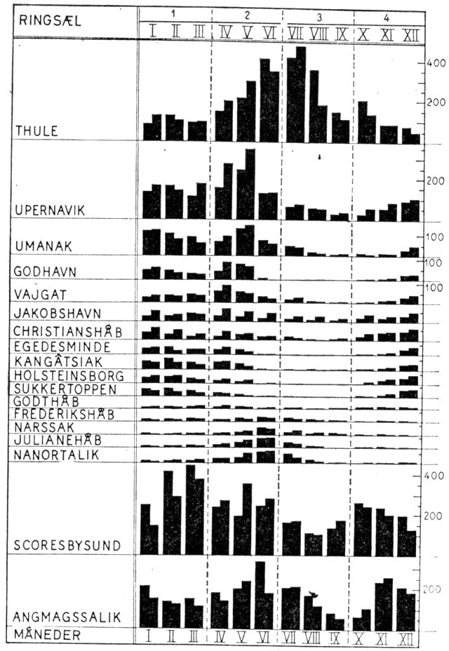 (). Den månedlige fangst af ringsæl pr. 100 fangere i treåret 1948/49-1950/51 (Efter Ph. Rosendahl).