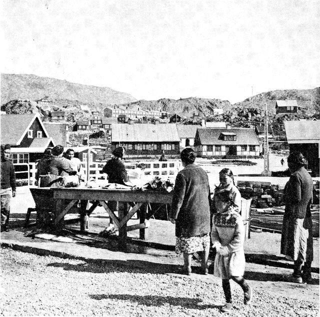 (Foto). Markedspladsen i Julianehåb, hvor fiskere, fangere og fåreholdere sælger direkte til forbrugerne. (F.: B. Vienberg).