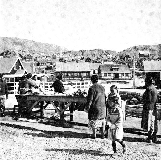 (Foto). Markedspladsen i Julianehåb, hvor fiskere, fangere og fåreholdere sælger direkte til forbrugerne. (F.: B. Vienberg).