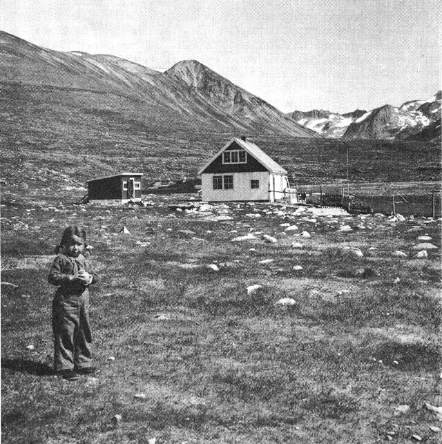 (Foto). Efterhånden som landet udbygges med fåreholdergårde, tages stadigt fjernere områder i besiddelse. Her Isak Lunds nybyggergård ved Niaqornârssuk 1957. Der begyndes med bygning af stuehus og indhegning af hjemmemarker, senere bygges lader og udhuse. (F.: Chr. Vibe).