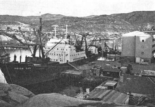 (Foto). Moderne fragtskib fortøjet ved Atlantkajen i Jakobshavn 1969. (F.:Chr. Vibe).
