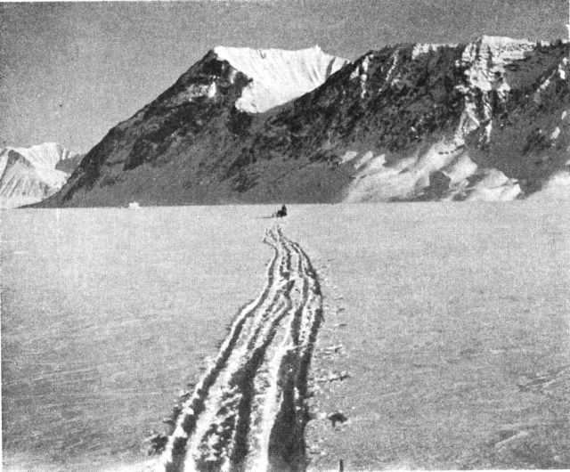 (Foto). »Sirius«-slædehold på patruljetjeneste nordpå langs Nordøstgrønlands is- og snedækkede kyst. (F.: Steen Malmquist, 1954).