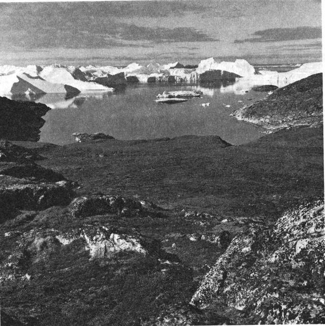 (Foto). Bopladsen Sermermiut ved Jakobshavn Isfjord, der i tidens løb har været beboet af henholdsvis Sarqaq-, Dorset- og Thule-kulturens folk. (F.: Chr. Vibe, 1969).
