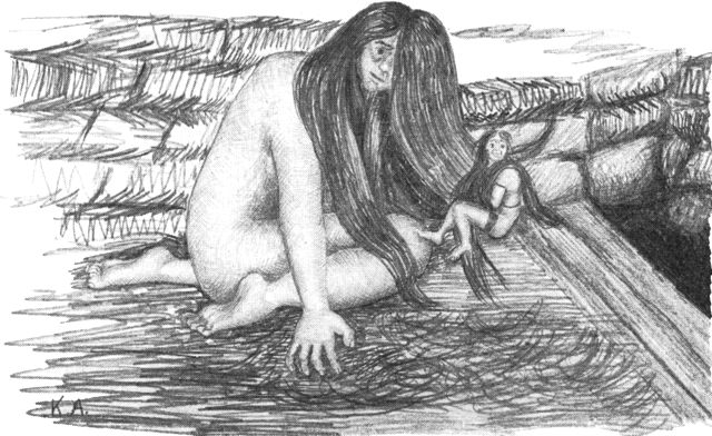 (tegning). Åndemaneren besøger havdyrenes moder og kæmmer hendes hår. Tegning ca. 1920 af Kârale Andreassen, åndemanersøn fra Angmagssalik.