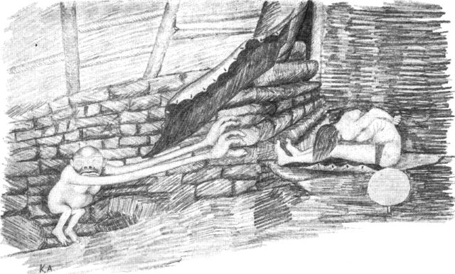 (tegning). Åndemaneren, der sidder i trance på briksen, modtager besøg af en hjælpeånd. Tegning ca. 1920 af Kârale Andreassen, Angmagssalik.