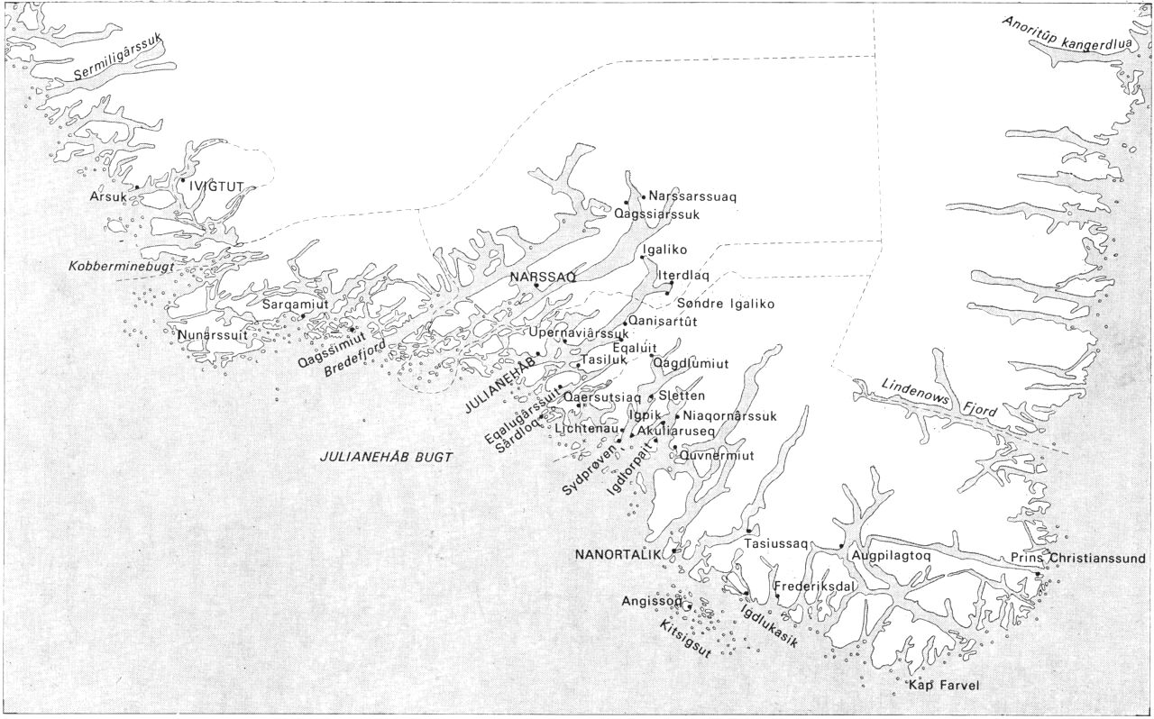 (Kort). Nanortalik, Julianehåb, Narssaq og Ivigtut kommuner. (Geodætisk Institut). Se også kort med nordbobygder under Julianehåb kommune.