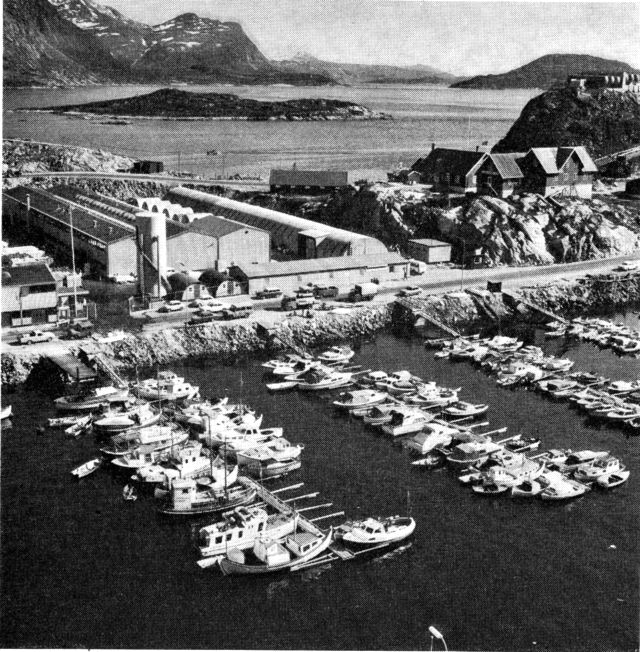 (Foto). Godthåb bådehavn med fiskefabrik, th. sømandshjemmet. (F.: Chr. Vibe 1969).