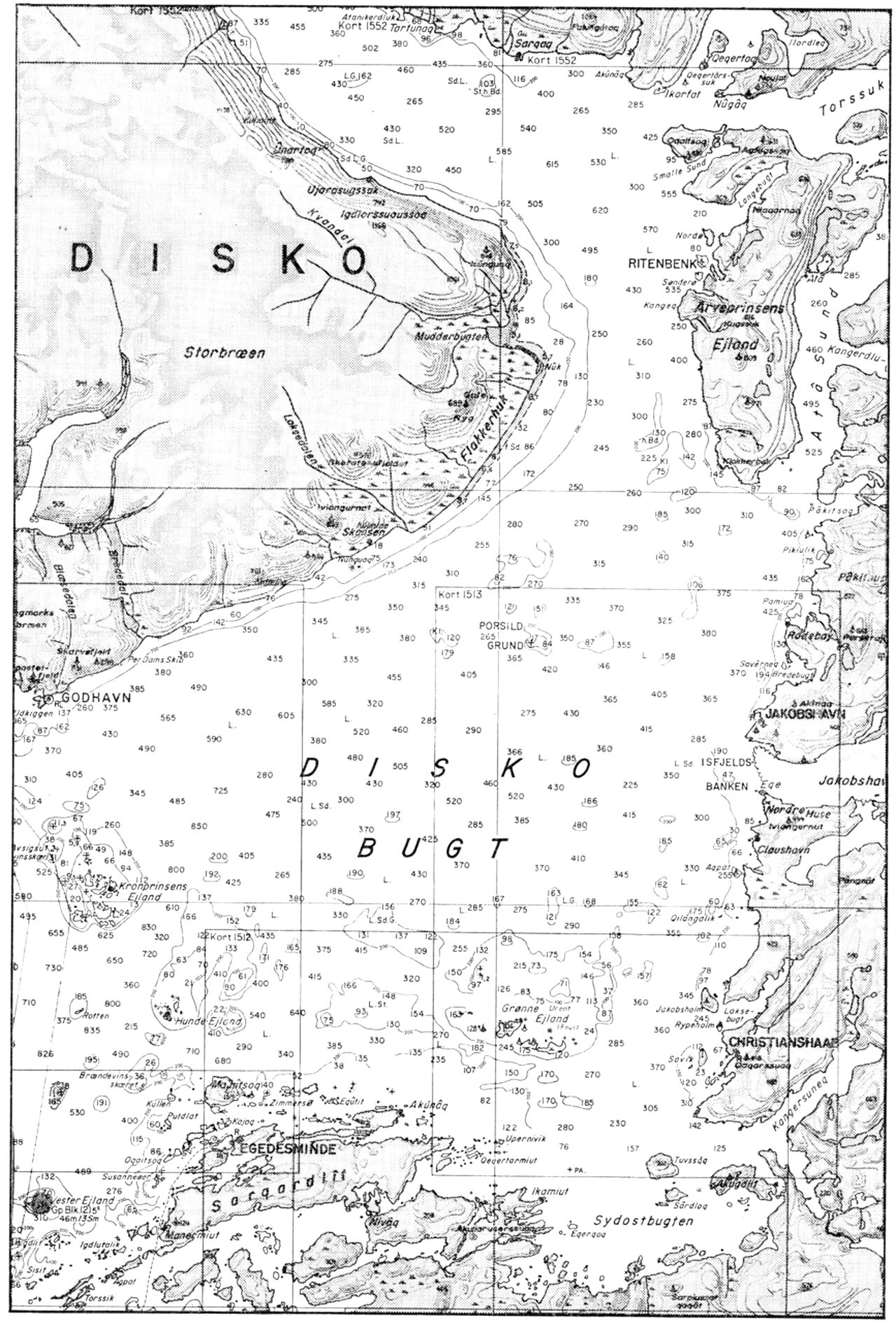 (Kort). Disko Bugt med omgivende kyster og havdybder i meter. (Det kgl. Søkort-Arkiv).